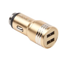 Автомобильная зарядка универсальная 2 USB выхода 2.1 А + кабель Micro USB золотая, металлическая, блистер