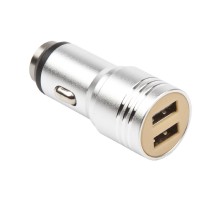 Автомобильная зарядка универсальная 2 USB выхода 2.1 А + кабель USB Type C серебристая, металлическая, блистер