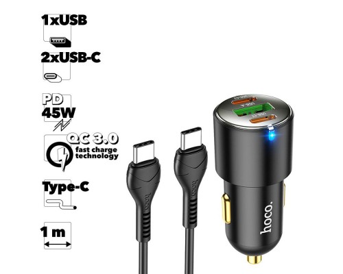 Автомобильная зарядка HOCO NZ6 1хUSB 3A 2xUSB-C PD45W QC3.0 с кабелем Type-C 1м (черная)