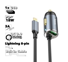 Автомобильная зарядка HOCO NZ7 1xUSB 3А 20W QC3.0 с интегрированным кабелем Lightning 8-pin 1.2м (серая)