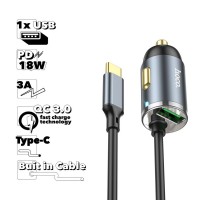 Автомобильная зарядка HOCO NZ7 1xUSB 3А 20W QC3.0 с интегрированным кабелем Type-C 1.2м (серая)