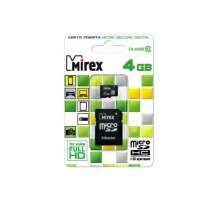 Карта памяти MicroSD T-Flash Mirex 04 Gb Class 10 + адаптер SD