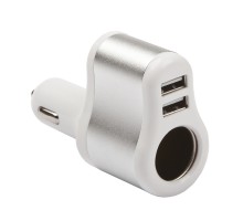 Автомобильная зарядка Car Charger 3 in1 2 USB выхода + автоадаптер прикуривателя белая с серебристым, коробка