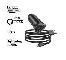 Автомобильная зарядка HOCO Z39 Farsighted 2xUSB 3А 18W QC3.0 с кабелем Lightning 8-pin 1м (черная)