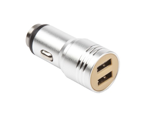 Автомобильная зарядка металлическая с кабелем для Apple 8 pin + 2 USB выхода 2.1A серебристая, блистер